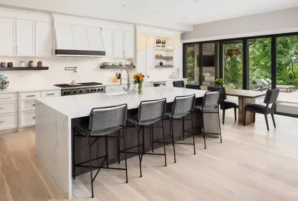 kitchen renovation Burlington Ontario with white cabinets large island and modern open layout