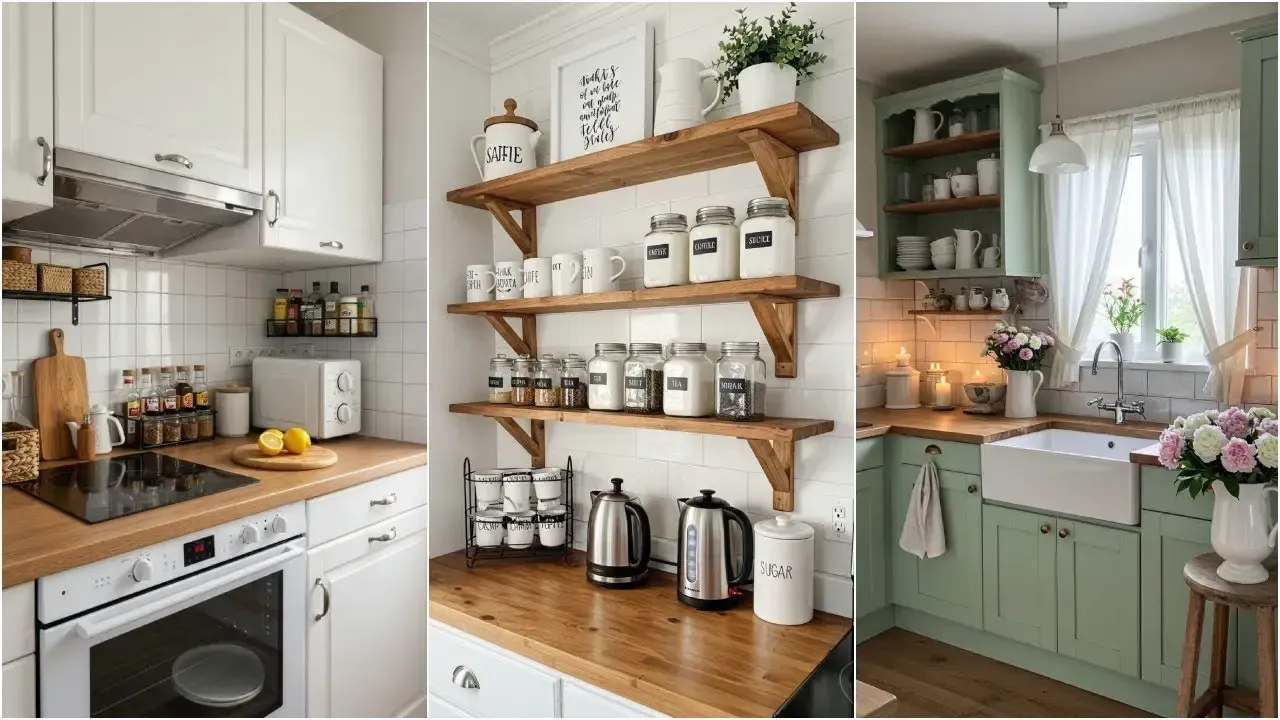 Minimal white kitchen with wood island and bar stools