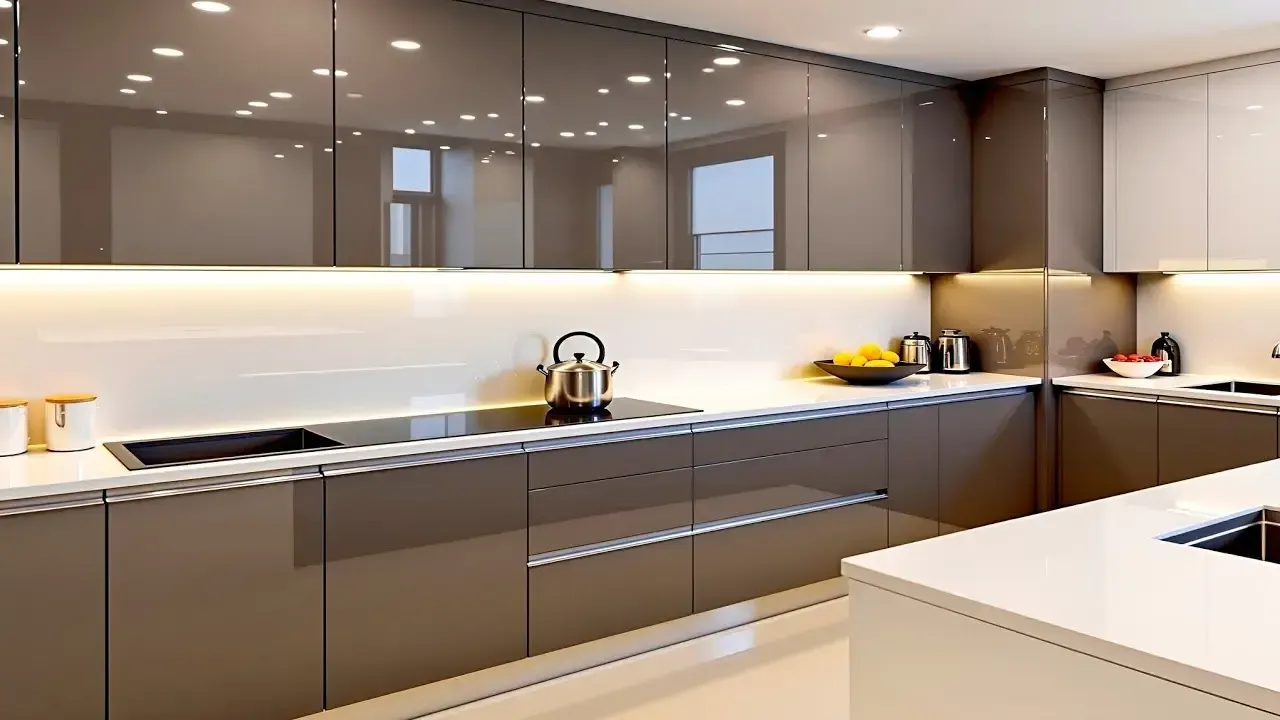 Modern kitchen with glossy cabinets and large white island